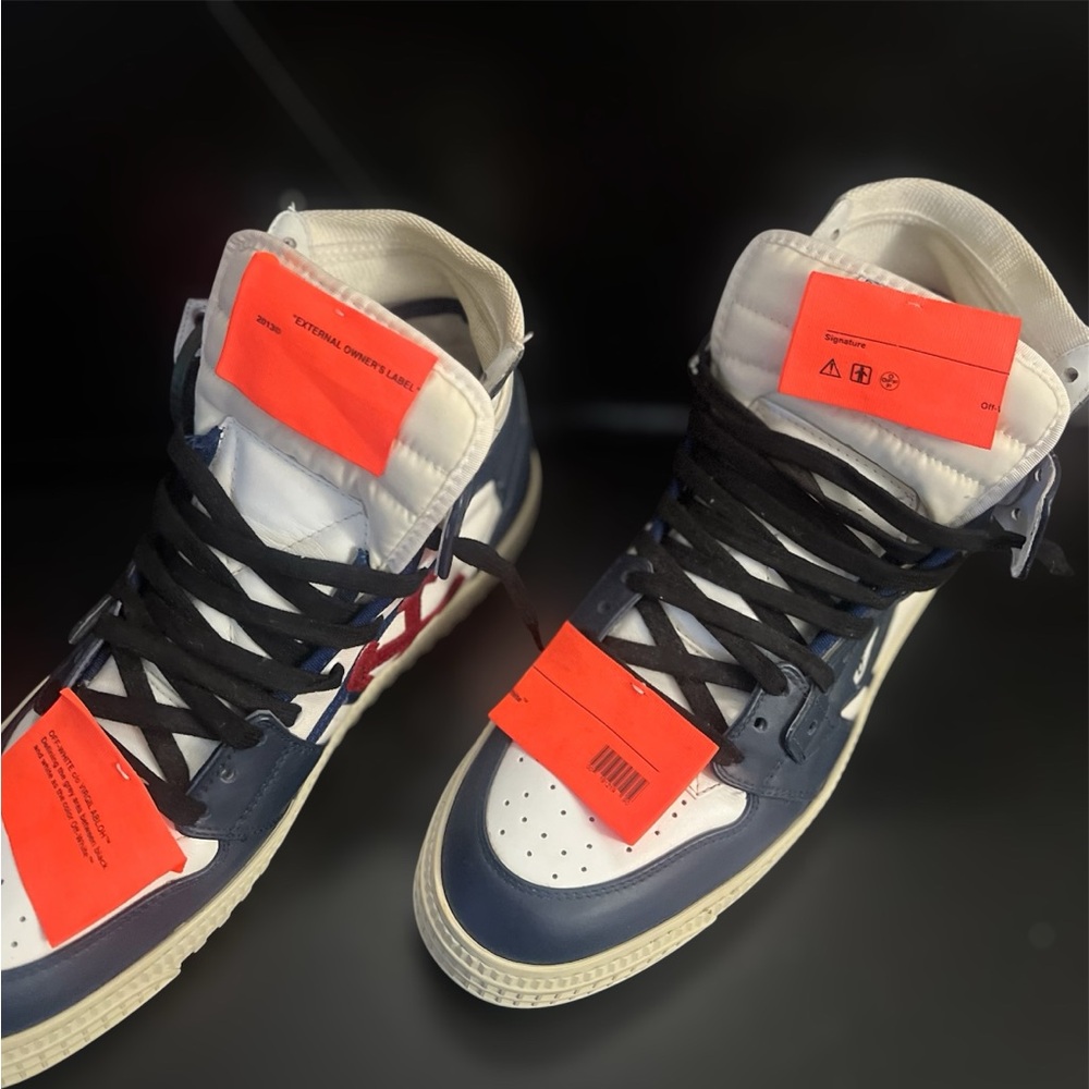 Off-White Dark Blue and White High Top Sneakers - Picture 2 of 9